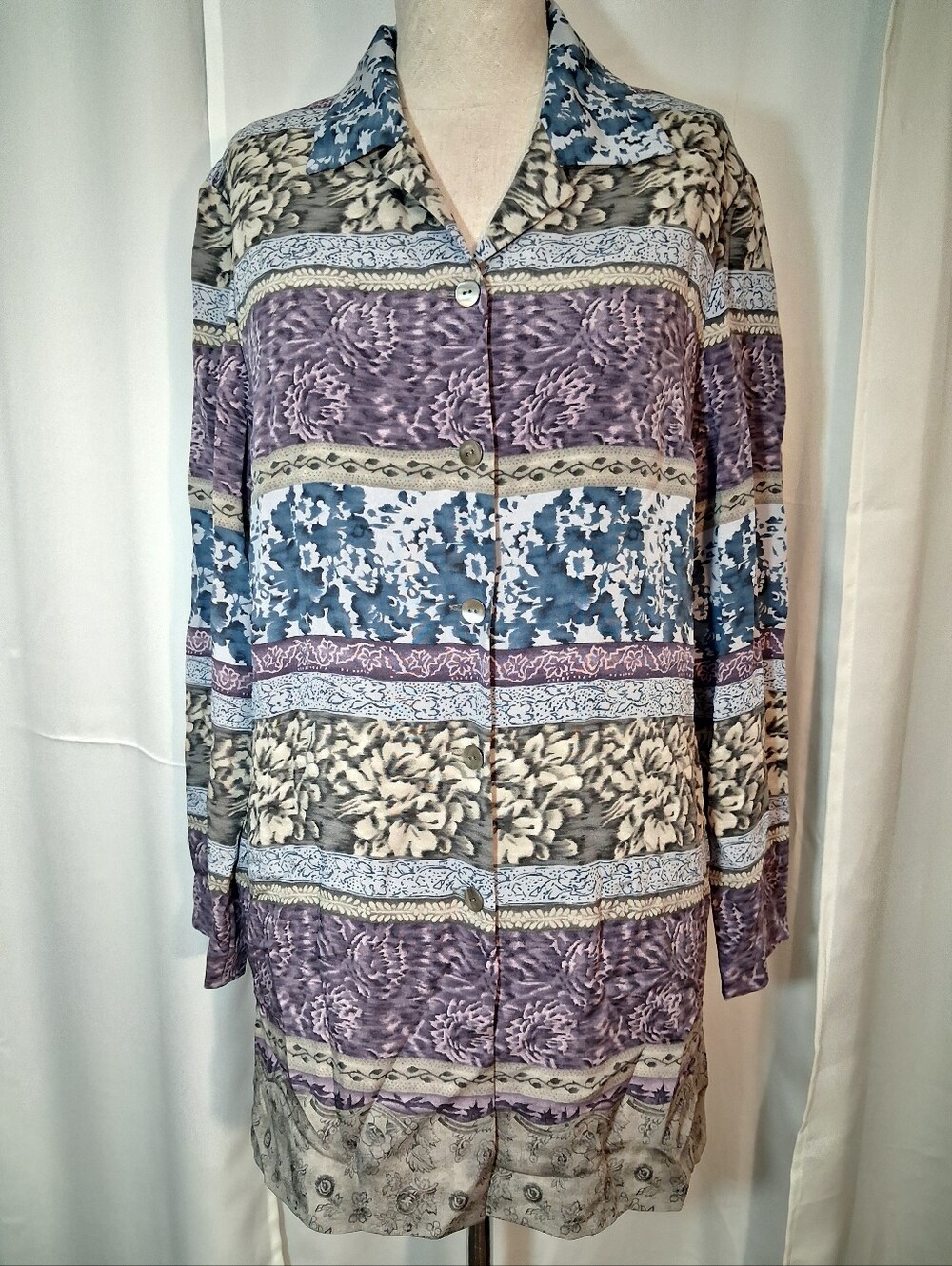 Dana Buchman Silk Button Down Blouse, Purple Green Blue Floral, Collar, 8